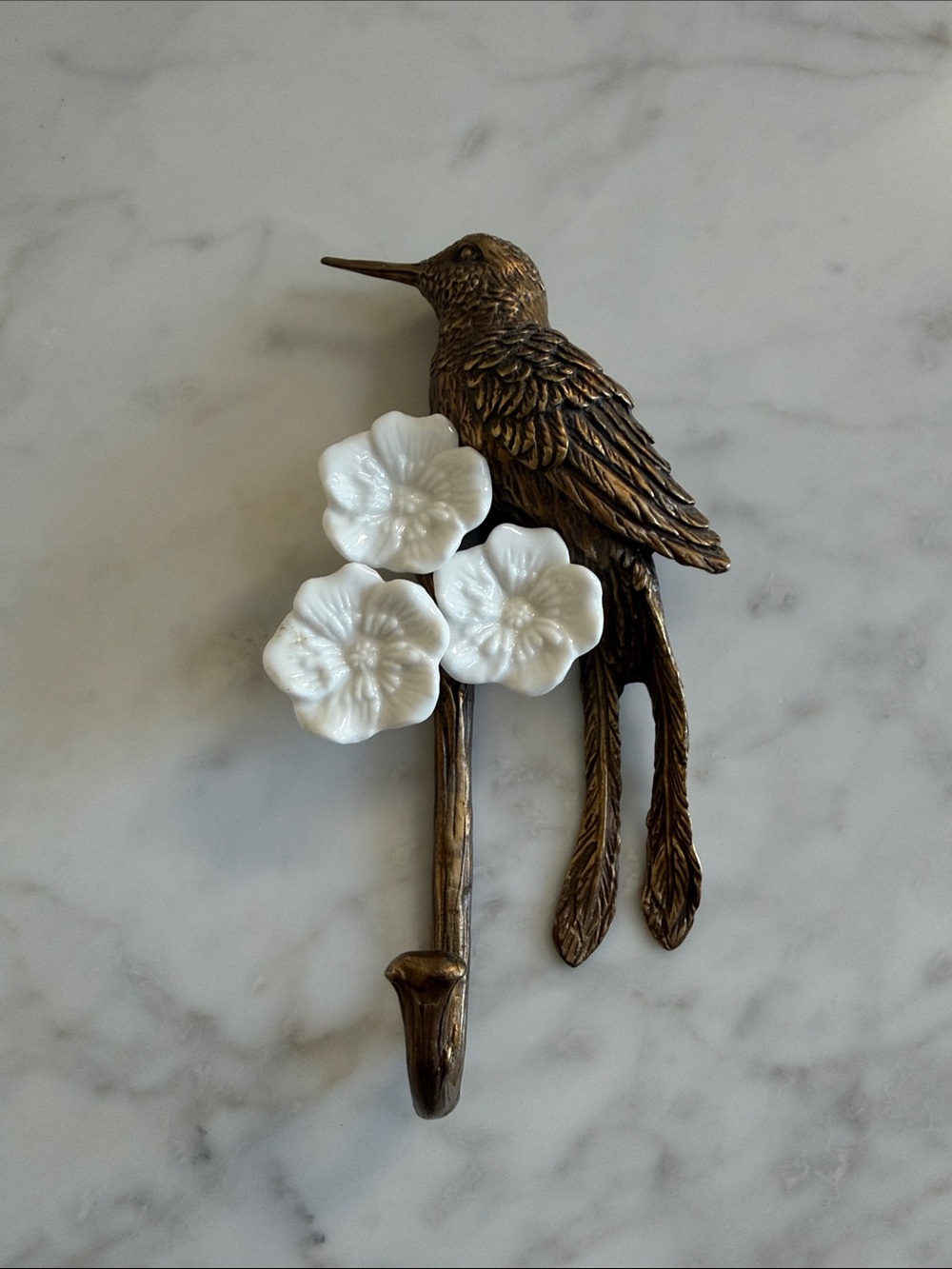 Brass Hummingbird Wall Hook with White Ceramic Flowers